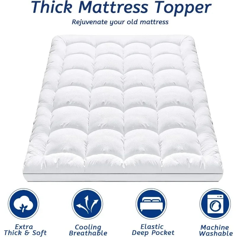 Mattress Topper for Back Pain, Cooling Extra Thick Pad Cover Plush Pillow Top Mattress Topper Overfilled with Down White