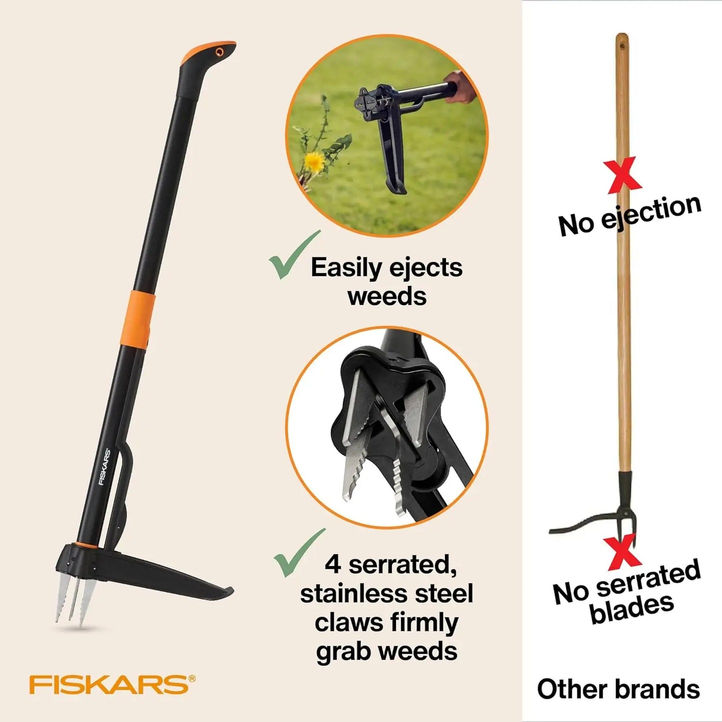 4-Claw Stand Up Weeder - Gardening Hand Weeding Tool with 39" Long Ergonomic Handle - Easy-Eject Mechanism
