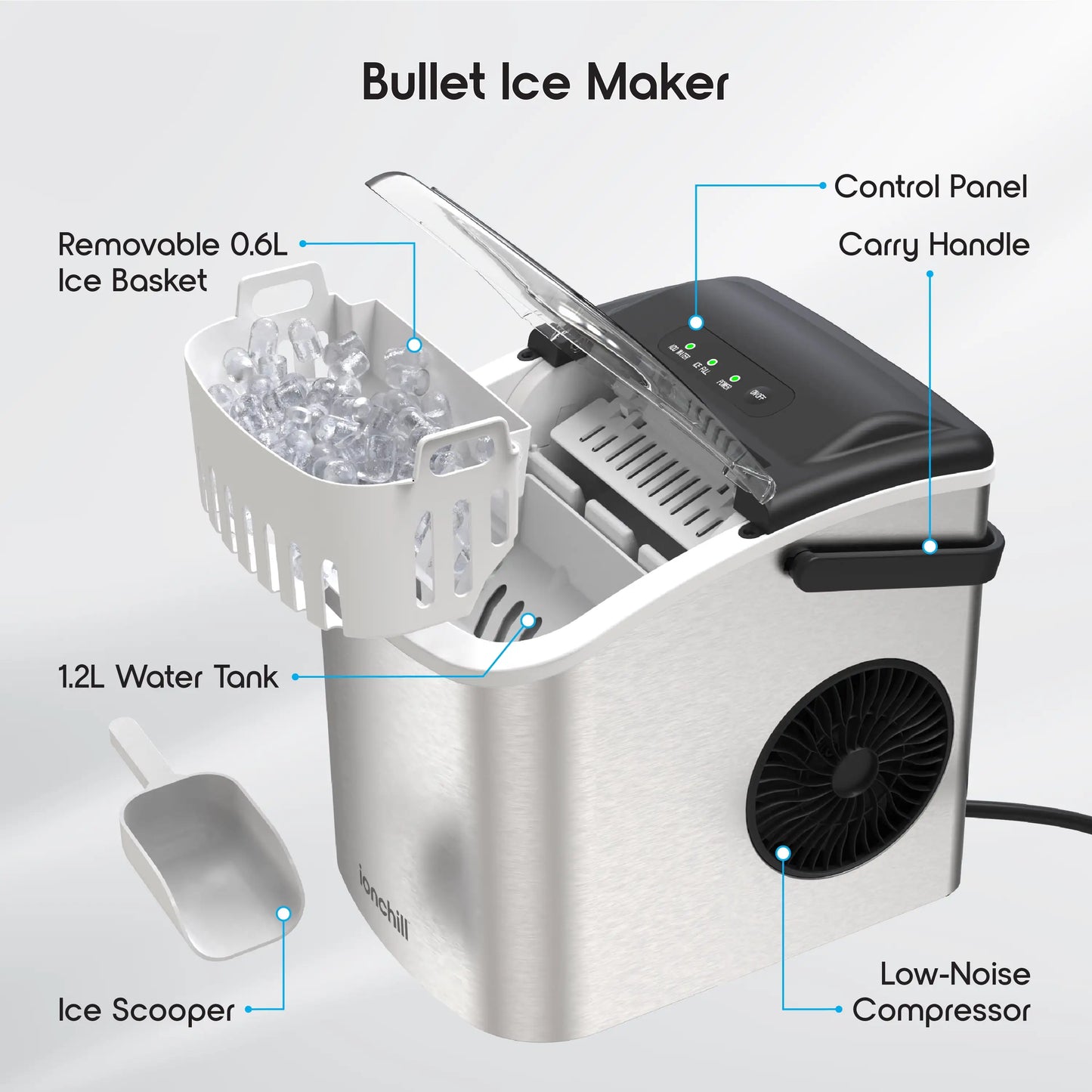 Countertop Bullet Cubed Ice Maker Portable 26lbs/24hrs