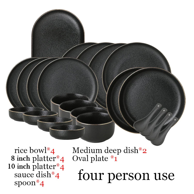 Black Matte Gold Edge Dinner Plates Set Tableware Dishes Plates for Food Plate Sets Dinnerware Charger Full Kitchen Dining Bar