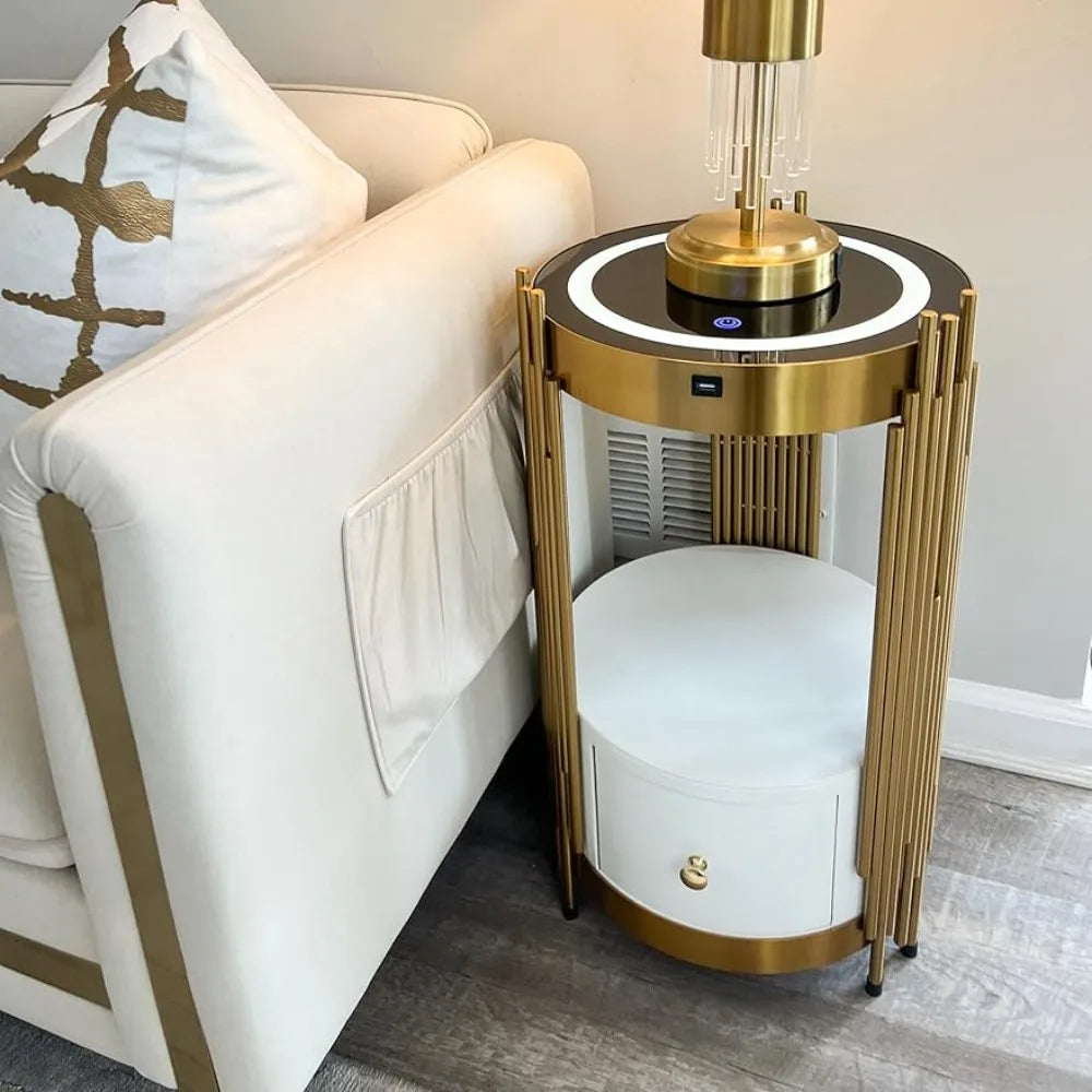 Gold Led Smart Round Nightstand with Drawer,Sofa Narrow End Table with Wireless Charging Station