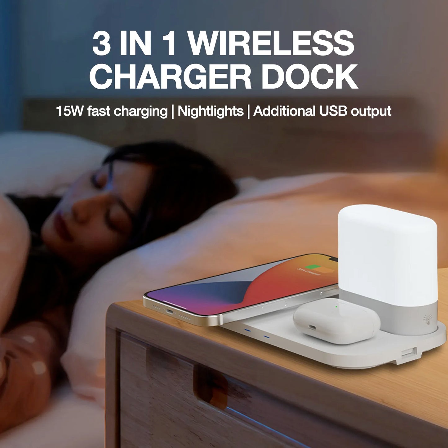 Wireless Charger 3 in 1 Charging Dock with Night Light for Home Office