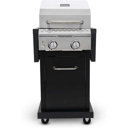 2-Burner Propane Barbecue Gas Grill w/ Foldable Side Tables, for Camping, Outdoor Cooking, Patio, Garden Barbecue Grill
