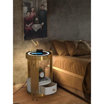 Gold Led Smart Round Nightstand with Drawer,Sofa Narrow End Table with Wireless Charging Station